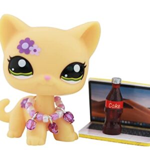 Junior Pet Shop lps Cat 1962, lps Shorthair Cat Yellow Body Purple Flower Kitten with lps Accessories Necklace Laptop Coke Kids Gift