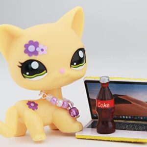 Junior Pet Shop lps Cat 1962, lps Shorthair Cat Yellow Body Purple Flower Kitten with lps Accessories Necklace Laptop Coke Kids Gift