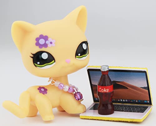 Junior Pet Shop lps Cat 1962, lps Shorthair Cat Yellow Body Purple Flower Kitten with lps Accessories Necklace Laptop Coke Kids Gift