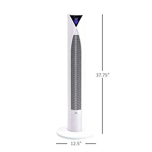 HOMCOM 37.75" 70° Oscillating Tower Fan Cooling for Bedroom with 3 Speeds, 12H Timer, LED Panel, and Remote Control, White