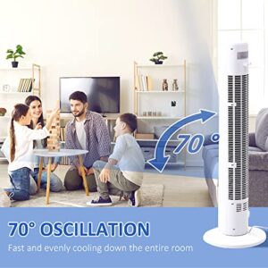 HOMCOM 37.75" 70° Oscillating Tower Fan Cooling for Bedroom with 3 Speeds, 12H Timer, LED Panel, and Remote Control, White