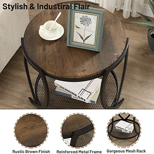 ASYA Industrial Round End Table with Storage Shelf, 2-Tier Side Table for Living Room, Adjustable Feet & lmitation Wood Grain Surface, Rustic Brown