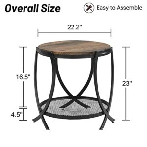 ASYA Industrial Round End Table with Storage Shelf, 2-Tier Side Table for Living Room, Adjustable Feet & lmitation Wood Grain Surface, Rustic Brown