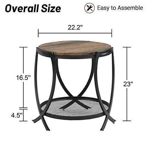 ASYA Industrial Round End Table with Storage Shelf, 2-Tier Side Table for Living Room, Adjustable Feet & lmitation Wood Grain Surface, Rustic Brown