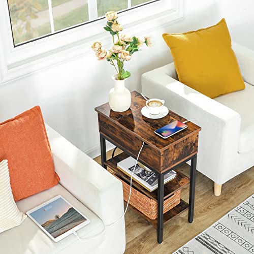 ALLOSWELL Side Table with Charging Station, Narrow Flip Top End Table with USB Ports and Outlets, Nightstand with Storage, Sofa Table for Living Room, Bedroom, Easy Assembly, Rustic Brown ETHR5601