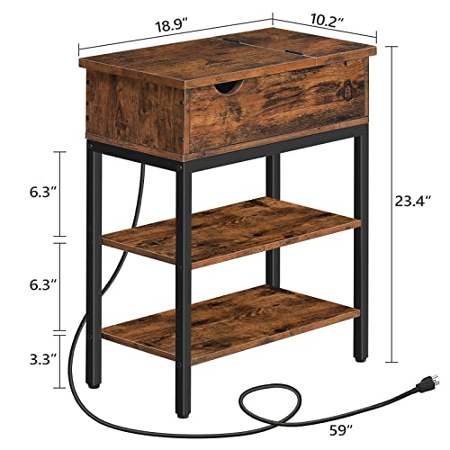 ALLOSWELL Side Table with Charging Station, Narrow Flip Top End Table with USB Ports and Outlets, Nightstand with Storage, Sofa Table for Living Room, Bedroom, Easy Assembly, Rustic Brown ETHR5601