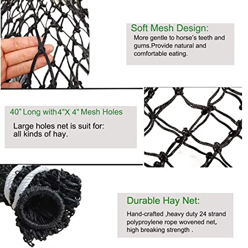 YAXSHIMU Slow Hay Feeder Hay Net, Freedom Feeder, 40" with 4" Mesh Holes, for Horse, Goats Full Day Feeding, Black, 2 PCS