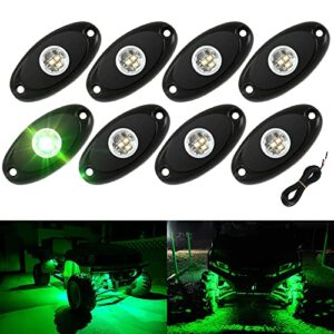 sunpie 8 pods green led rock lights with extension wires for off road truck car atv suv utv motorcycle under body glow light lamp fender lighting, 32-4/5ft extension wires provided