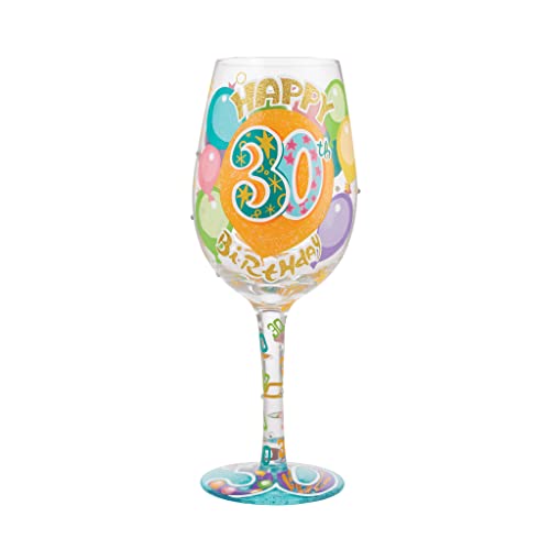 Enesco Designs by Lolita Happy 30th Birthday Hand-Painted Artisan Wine Glass, 1 Count (Pack of 1), Multicolor