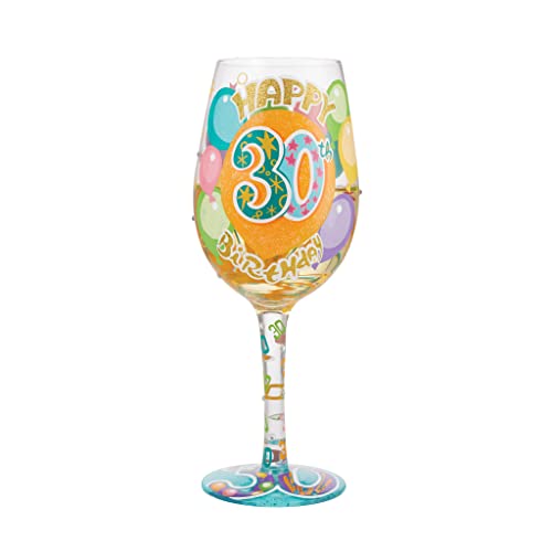 Enesco Designs by Lolita Happy 30th Birthday Hand-Painted Artisan Wine Glass, 1 Count (Pack of 1), Multicolor