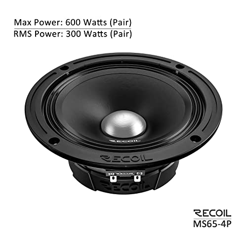 RECOIL MS65-4P 6.5-Inch Midrange Pro Audio Car Speakers, 600 Watts Max, 300 Watts RMS, 4Ohm, 1.5-Inch High Temperature Kapton Voice Coil, Premium Quality Car Audio Door Speakers (Pair)