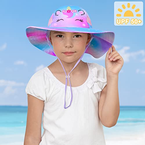 Kids Sun Hat for Girls Unicorn Bucket Hats UV Protection Summer Hat for Kids Wide Brim Fishing Hat 2-8 Years Blue Purple