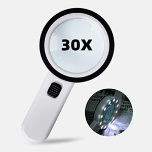 magnifying glass with light, 30x handheld magnifying glass, 12 led illuminated lighted magnifier for low vision seniors reading, macular degeneration, soldering, inspection, coins, jewelry, exploring