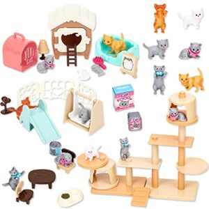 tqqfun pet pretend play toys, 43 pcs cat figures playset toy, realistic detailed care center, cats role educational gift for kids toddlers boys and girls