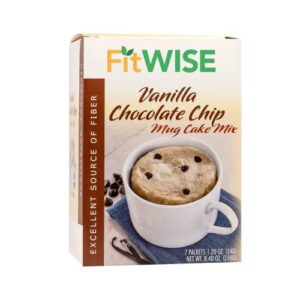 fitwise - high protein mug cake mix, 15g protein, low calorie, low net carbs, low fat, high fiber, gluten free, ideal protein compatible, 7 servings per box (vanilla chocolate chip)