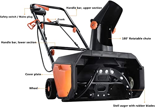 Kapoo Snow Thrower, Black & Orange 18 Inch Electric Snow Blower, 13 Amp, Steel Auger, 180° Rotatable Chute and Overload Protection bb17