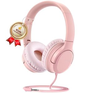 dybaxa kids headphones, wired foldable on-ear headphones for kids, volume limiter 94db, kid headphones for school classes travel, 3.5mm jack kids headset compatible smartphones tablet, pink