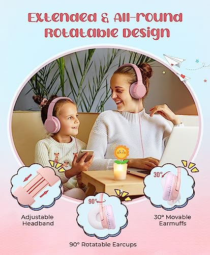 DyBaxa Kids Headphones, Wired Foldable On-Ear Headphones for Kids, Volume Limiter 94dB, Kid Headphones for School Classes Travel, 3.5mm Jack Kids Headset Compatible Smartphones Tablet, Pink