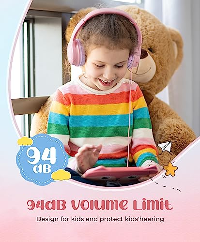 DyBaxa Kids Headphones, Wired Foldable On-Ear Headphones for Kids, Volume Limiter 94dB, Kid Headphones for School Classes Travel, 3.5mm Jack Kids Headset Compatible Smartphones Tablet, Pink