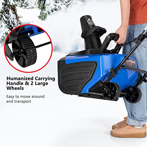 GYMAX Electric Snow Thrower, 18” 15Amp Corded Snow Blower with 180° Chute Rotation & 2 Transport Wheels, 26’ Throwing Distance for Driveway, Sidewalk (Blue)