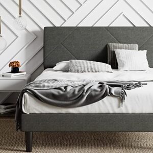 imusee full size bed frame, upholstered bed frame with geometric headboard, heavy duty mattress foundation with wooden slats, easy assembly, dark grey