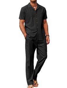 coofandy mens coordinated outfit  linen beach  casual cuban button up shirts drawstring pants, black, x-large