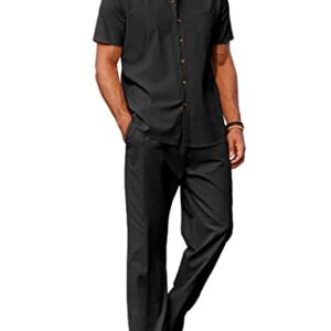 COOFANDY Mens Coordinated Outfit  Linen Beach  Casual Cuban Button Up Shirts Drawstring Pants, Black, X-Large