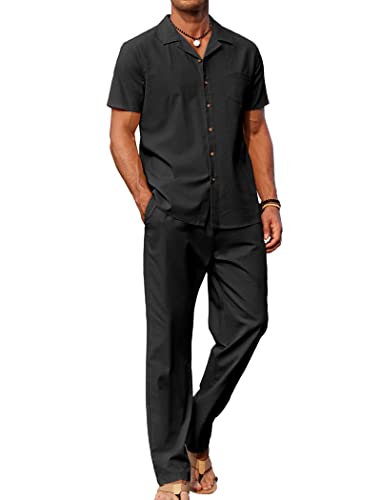 COOFANDY Mens Coordinated Outfit  Linen Beach  Casual Cuban Button Up Shirts Drawstring Pants, Black, X-Large