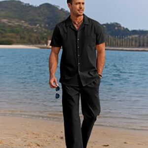 COOFANDY Mens Coordinated Outfit  Linen Beach  Casual Cuban Button Up Shirts Drawstring Pants, Black, X-Large