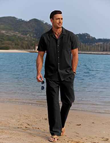 COOFANDY Mens Coordinated Outfit  Linen Beach  Casual Cuban Button Up Shirts Drawstring Pants, Black, X-Large