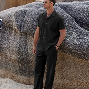 COOFANDY Mens Coordinated Outfit  Linen Beach  Casual Cuban Button Up Shirts Drawstring Pants, Black, X-Large