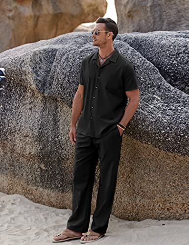 COOFANDY Mens Coordinated Outfit  Linen Beach  Casual Cuban Button Up Shirts Drawstring Pants, Black, X-Large