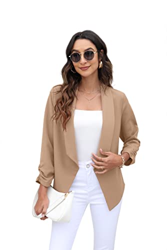 GRECERELLE Women's Office Blazer Jackets Long Sleeve Open Front Cardigan Casual Cropped Blazer Work for Women Khaki-10