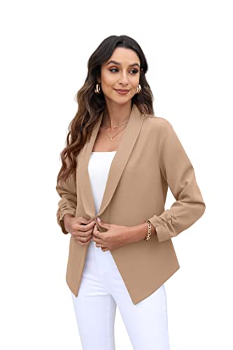 GRECERELLE Women's Office Blazer Jackets Long Sleeve Open Front Cardigan Casual Cropped Blazer Work for Women Khaki-10