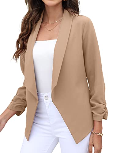 GRECERELLE Women's Office Blazer Jackets Long Sleeve Open Front Cardigan Casual Cropped Blazer Work for Women Khaki-10