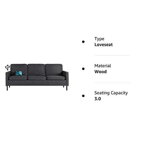 STHOUYN 72" W Fabric 3 Seater Couch with 2 USB, Comfortable Sectional Couches and Sofas for Living Room Bedroom Office Small Space, Easy Assembly & Comfy Cushion (72" 3-Seater Sofa, Dark Grey)