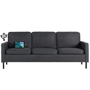 sthouyn 72" w fabric 3 seater couch with 2 usb, comfortable sectional couches and sofas for living room bedroom office small space, easy assembly & comfy cushion (72" 3-seater sofa, dark grey)