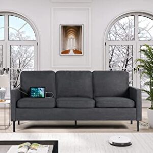 STHOUYN 72" W Fabric 3 Seater Couch with 2 USB, Comfortable Sectional Couches and Sofas for Living Room Bedroom Office Small Space, Easy Assembly & Comfy Cushion (72" 3-Seater Sofa, Dark Grey)