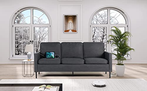 STHOUYN 72" W Fabric 3 Seater Couch with 2 USB, Comfortable Sectional Couches and Sofas for Living Room Bedroom Office Small Space, Easy Assembly & Comfy Cushion (72" 3-Seater Sofa, Dark Grey)