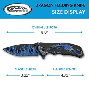 SZCO Supplies 8” Blue Dragon Decaled Liner Lock Folding Knife with Pocket Clip