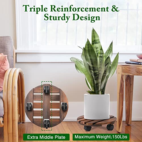 Plant Caddy with Lockable Wheels, Rolling Plant Stand 12 Inch Wooden, Plant Roller Base 150 lb Heavy Duty, 2 Packs Plant Dolly, Indoor Outdoor Potted Plant Mover