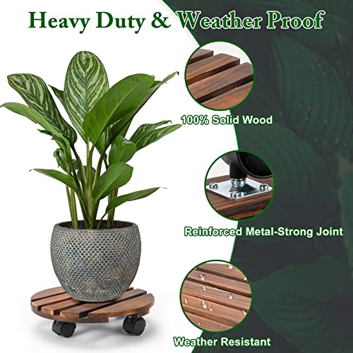 Plant Caddy with Lockable Wheels, Rolling Plant Stand 12 Inch Wooden, Plant Roller Base 150 lb Heavy Duty, 2 Packs Plant Dolly, Indoor Outdoor Potted Plant Mover