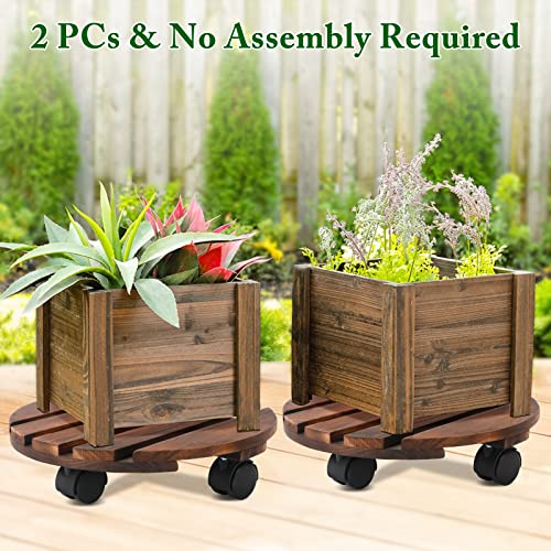 Plant Caddy with Lockable Wheels, Rolling Plant Stand 12 Inch Wooden, Plant Roller Base 150 lb Heavy Duty, 2 Packs Plant Dolly, Indoor Outdoor Potted Plant Mover