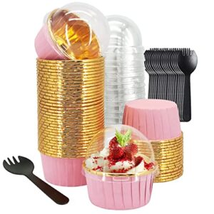 cupcake liners and wrapers with lids 50 pack,lnyzqus 5.5 oz large foil muffin tins or liners,disposable baking cups, cupcake wrappers holders for wedding valentine-pink in gold