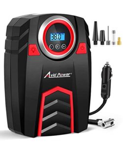 avid power tire 12v air compressor w/digital pressure gauge, car pump w/led light, auto shut-off dc tire inflator for car, bicycles, balls and other inflatables