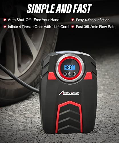 Avid Power Tire 12V Air Compressor w/Digital Pressure Gauge, Car Pump w/LED Light, Auto Shut-Off DC Tire Inflator for Car, Bicycles, Balls and Other Inflatables