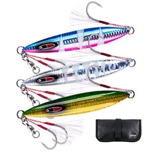 goture glow slow pitch jigs with portable jig bag, double assist hook fishing jig lead saltwater jigging lures for tuna, dogtooth tuna, yellowtail, kingfish, bluefin-3weights(100g/150g/250g) &3colors