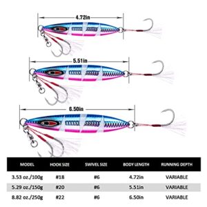 Goture Glow Slow Pitch Jigs with Portable Jig Bag, Double Assist Hook Fishing Jig Lead Saltwater Jigging Lures for Tuna, Dogtooth Tuna, Yellowtail, Kingfish, Bluefin-3Weights(100g/150g/250g) &3Colors