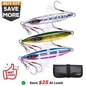 Goture Glow Slow Pitch Jigs with Portable Jig Bag, Double Assist Hook Fishing Jig Lead Saltwater Jigging Lures for Tuna, Dogtooth Tuna, Yellowtail, Kingfish, Bluefin-3Weights(100g/150g/250g) &3Colors