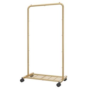 simple trending standard clothes garment rack, clothing rolling rack with mesh storage shelf on wheels, golden yellow